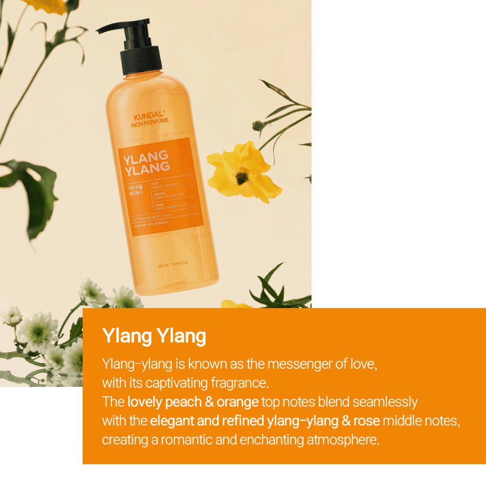 2. KUNDAL Rich Perfume Body Wash Ylang Ylang 500 ml – jabón de ducha con aroma a melocotón, naranja, ylang-ylang, rosa, almizcle y sándalo
