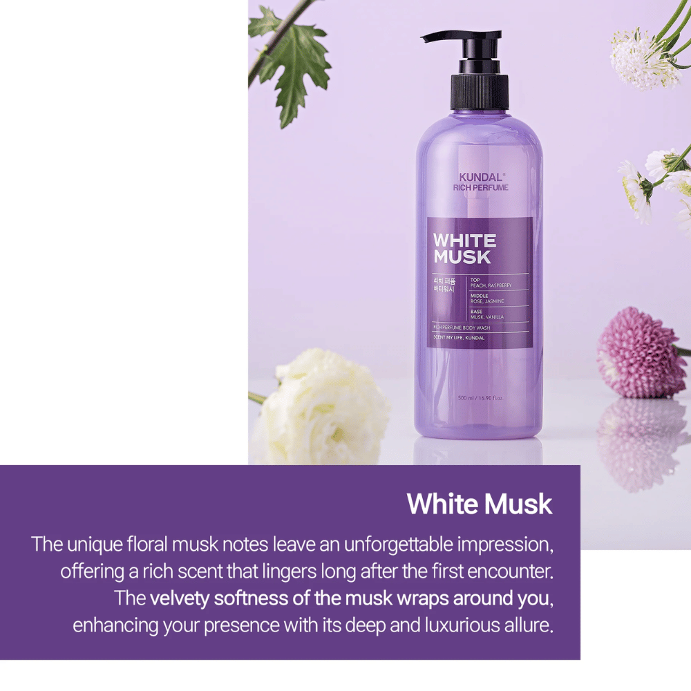 1. KUNDAL Rich Perfume Body Wash White Musk & Ylang Ylang 500 ml – jabón de ducha perfumado en dos variantes de fragancia