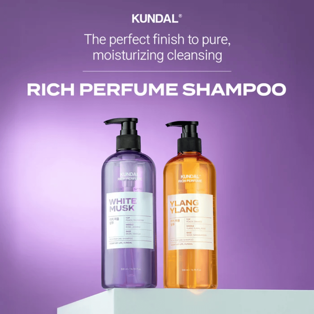 7. KUNDAL Rich Perfume Shampoo White Musk & Ylang Ylang 500 ml – champú limpiador con propiedades hidratantes en dos variantes de fragancia