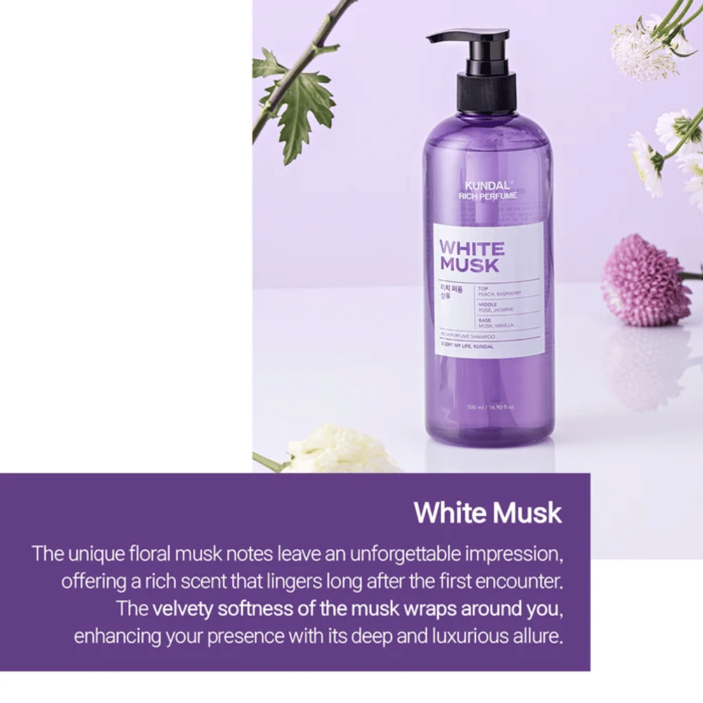 4. KUNDAL Rich Perfume Shampoo White Musk – botella de champú morada con notas florales y suave aroma a almizcle