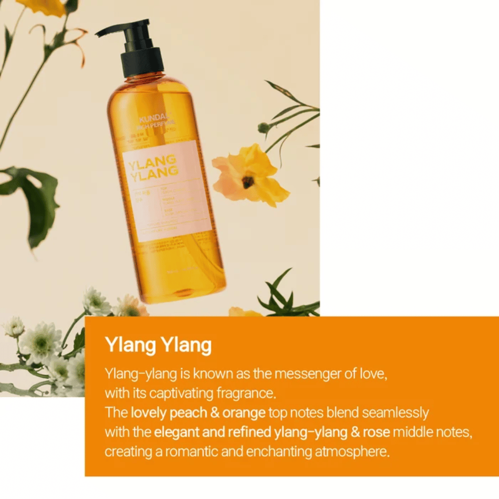 3. KUNDAL Rich Perfume Shampoo Ylang Ylang – botella de champú naranja con aroma floral y afrutado