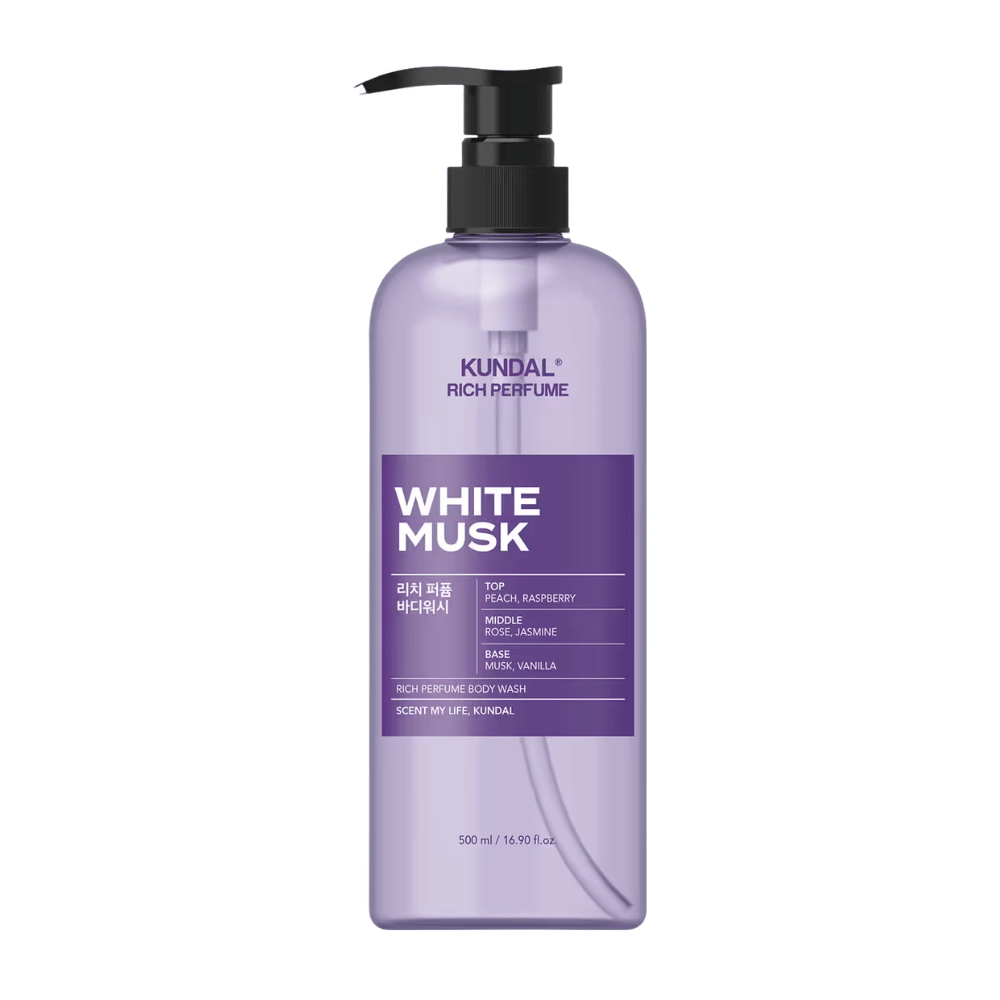 7. KUNDAL Rich Perfume Body Wash White Musk 500 ml – jabón de ducha lila con aroma a melocotón, frambuesa, rosa, jazmín, almizcle y vainilla