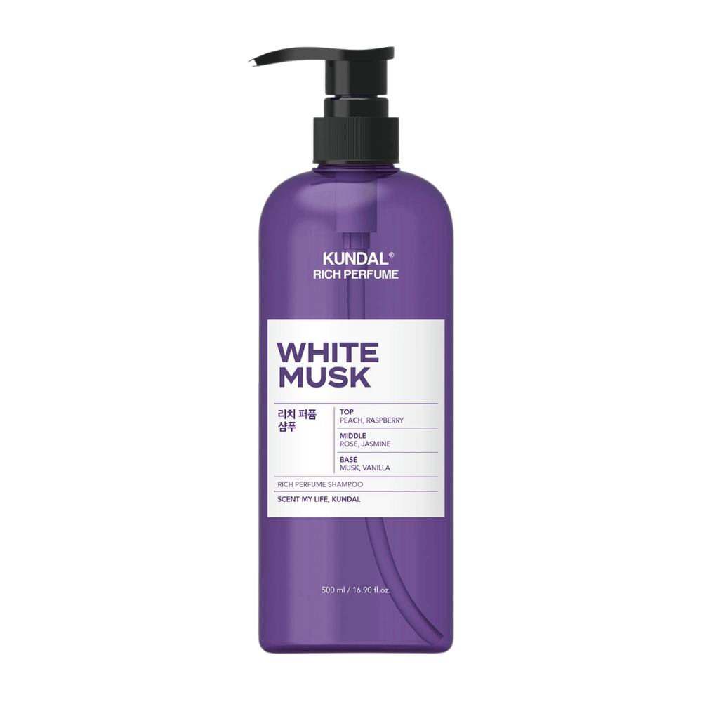 2. KUNDAL Rich Perfume Shampoo White Musk 500 ml – champú con aroma de melocotón, frambuesa, rosa, jazmín, almizcle y vainilla