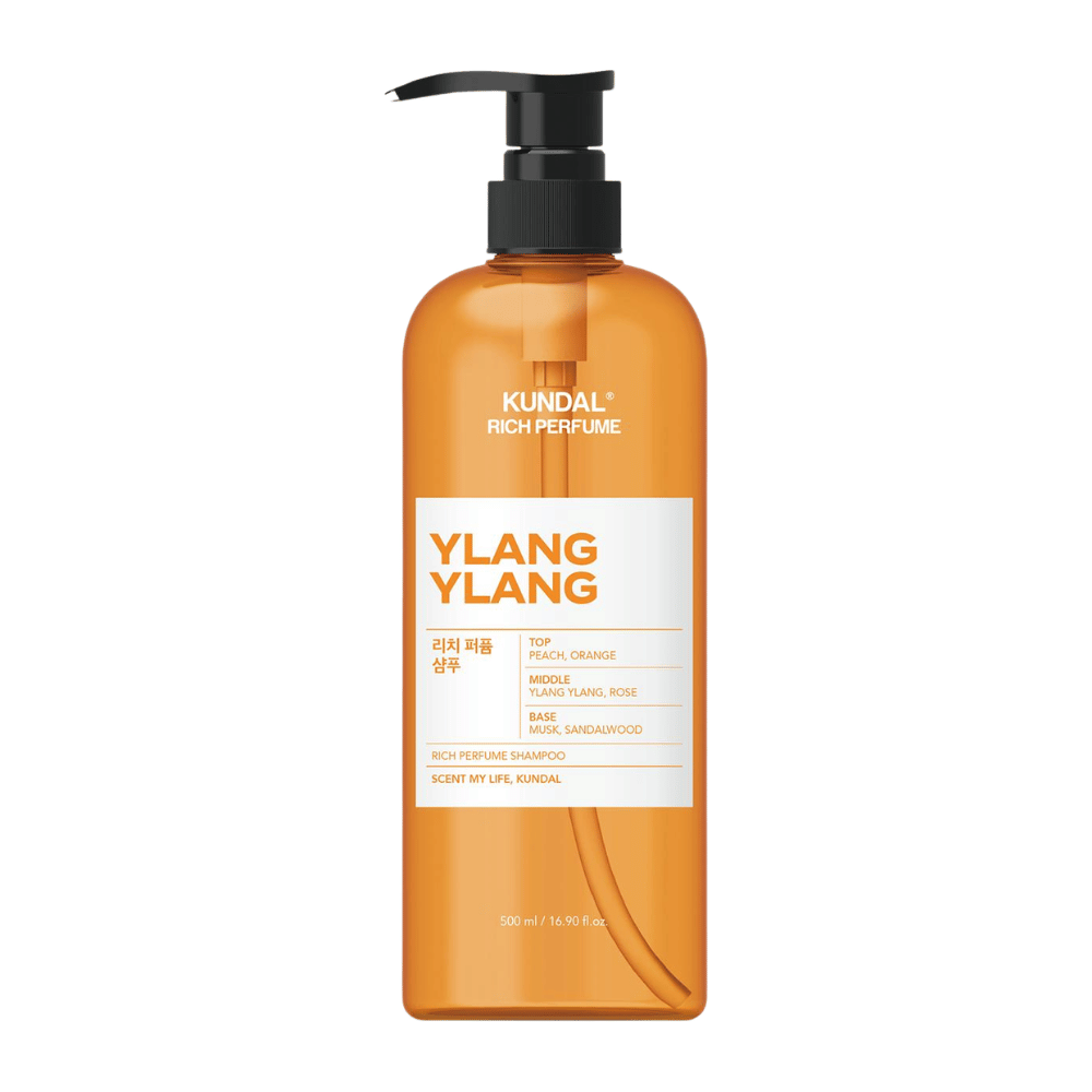 1. KUNDAL Rich Perfume Shampoo Ylang Ylang 500 ml – champú perfumado con aroma de melocotón, naranja, ylang-ylang y rosa