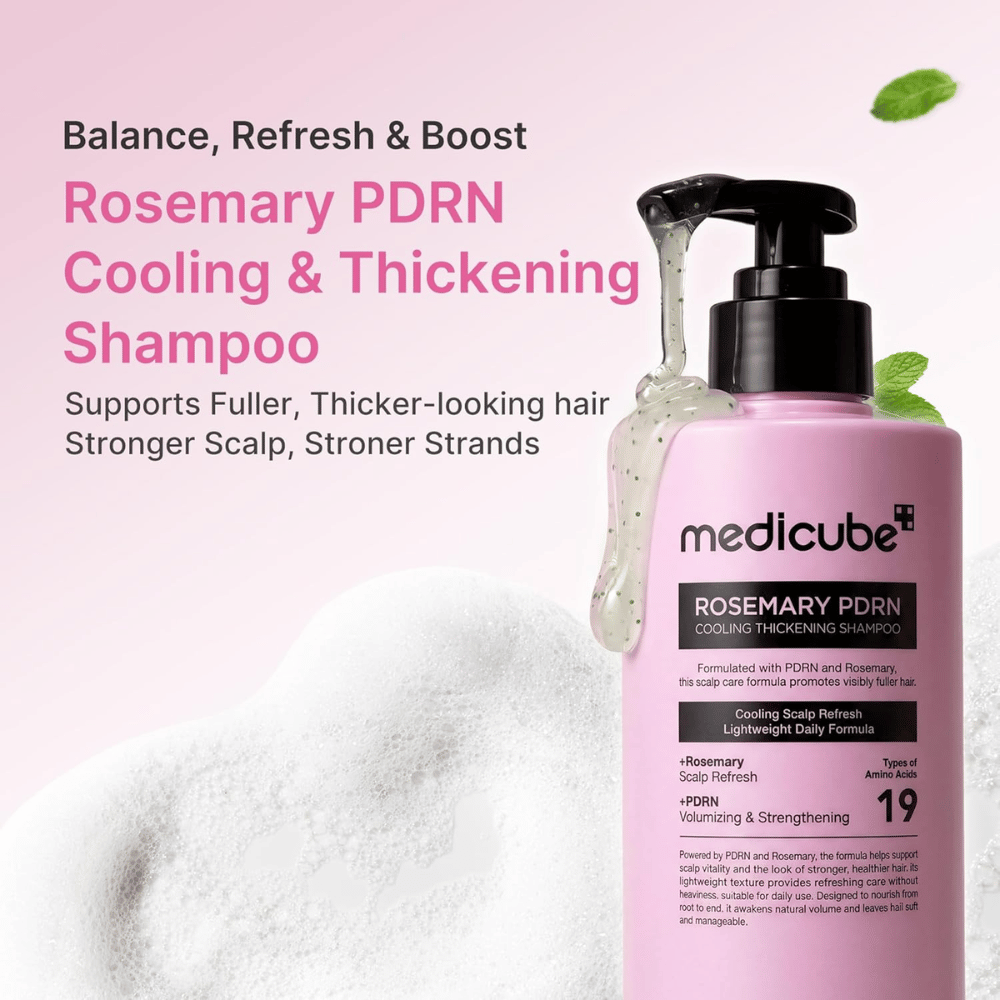 Medicube Rosemary PDRN Cooling Thickening Shampoo que refresca el cuero cabelludo y proporciona un cabello más grueso y fuerte