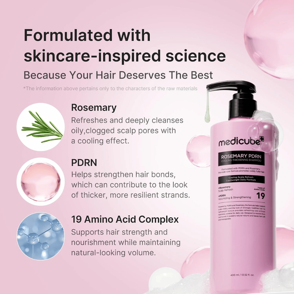Medicube Rosemary PDRN Cooling Thickening Shampoo con romero, PDRN y 19 aminoácidos para un cabello con más volumen