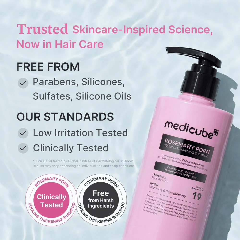 Medicube Rosemary PDRN Cooling Thickening Shampoo con fórmula clínicamente probada sin sulfatos, siliconas ni parabenos