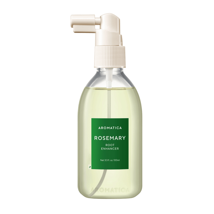 AROMATICA Rosemary Root Enhancer en botella transparente con etiqueta verde y práctica boquilla aplicadora. Imagen del producto recortada que muestra claramente el diseño del envase y su contenido.
