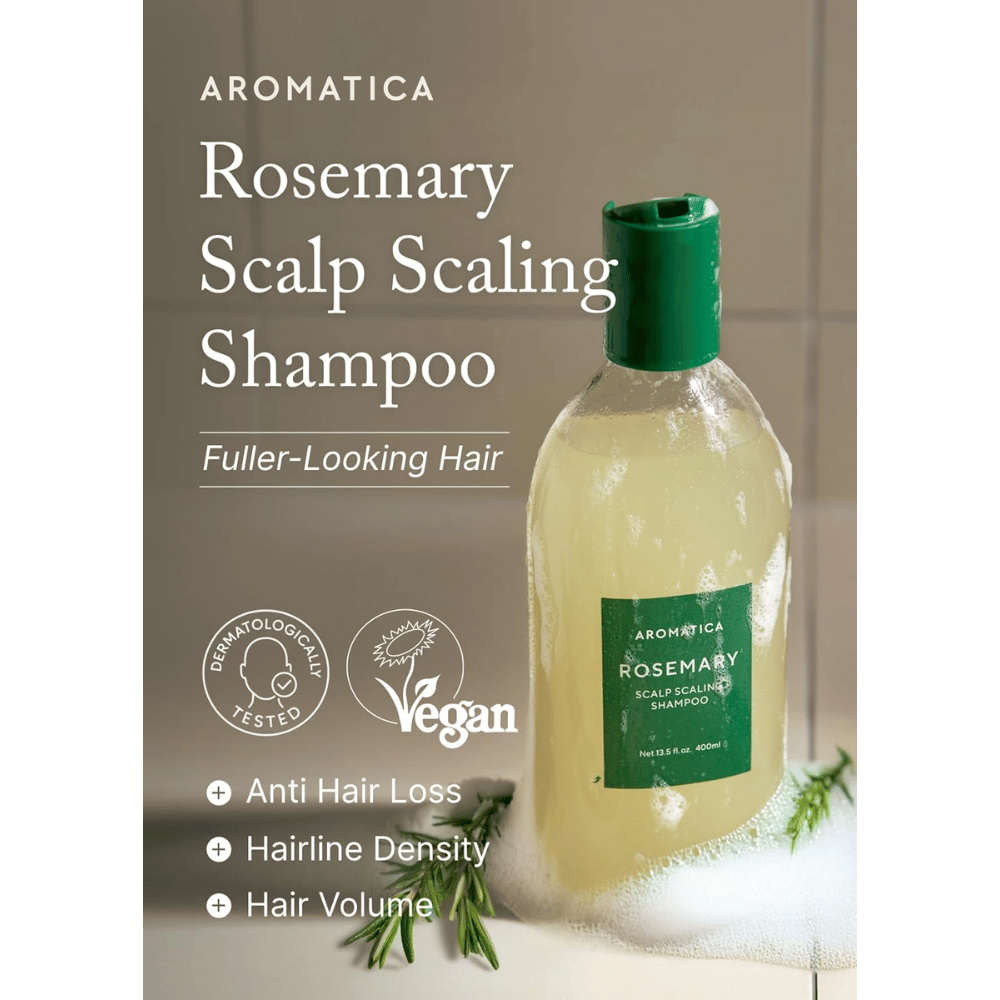 AROMATICA Rosemary Scalp Scaling Shampoo para la limpieza y exfoliación del cuero cabelludo que contribuye a reducir la caída del cabello, aumentar el volumen capilar y mantener un cuero cabelludo saludable.