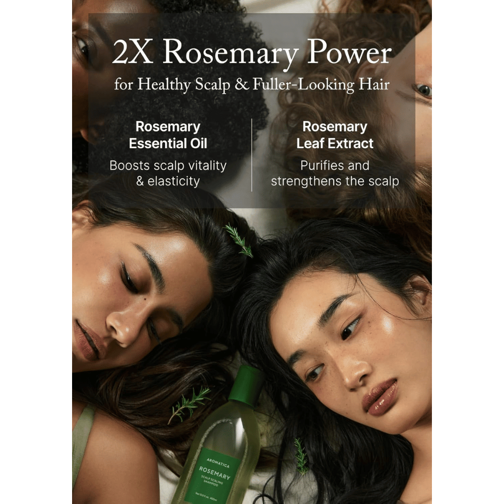 AROMATICA Rosemary Scalp Scaling Shampoo con aceite de romero y extracto de romero que fortalece el cuero cabelludo, limpia en profundidad y favorece un cabello más abundante.
