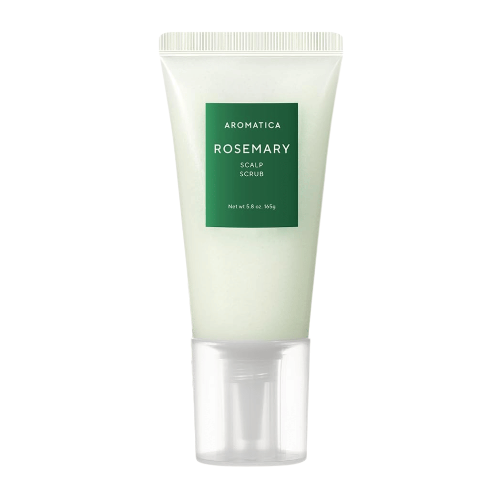 4. AROMATICA Rosemary Scalp Scrub 165 g – exfoliante para el cuero cabelludo con romero en tubo verde claro sobre fondo blanco
