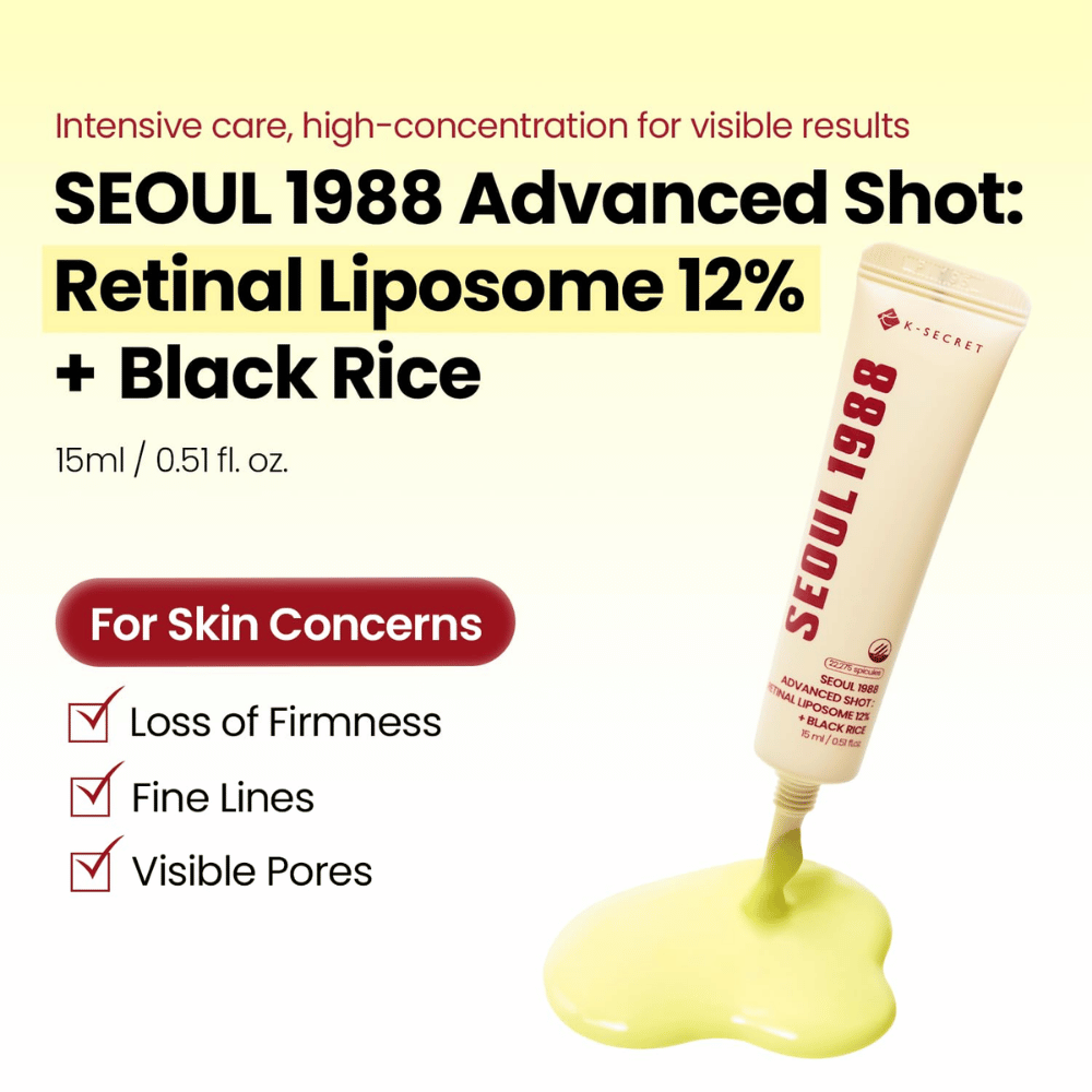 K-SECRET SEOUL 1988 Advanced Shot Retinal Liposome 12% + Black Rice 15 ml – tratamiento intensivo con retinal para líneas finas, poros visibles y pérdida de firmeza.