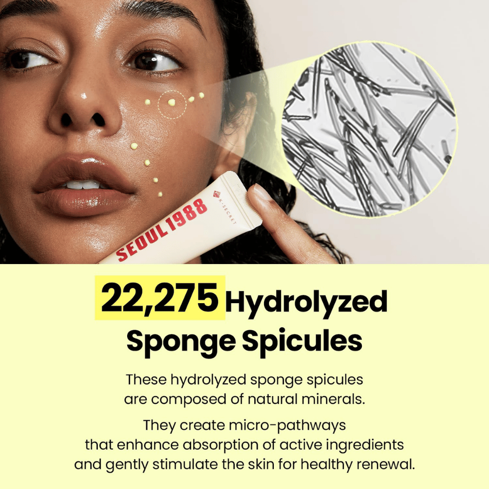 K-SECRET SEOUL 1988 Advanced Shot – fórmula con 22 275 espículas de esponja hidrolizadas que se combinan con ingredientes activos para el cuidado de la piel.