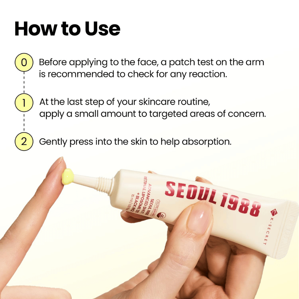 K-SECRET SEOUL 1988 Advanced Shot Retinal Liposome 12% + Black Rice – aplicación del tratamiento con retinal como último paso de la rutina de cuidado de la piel.