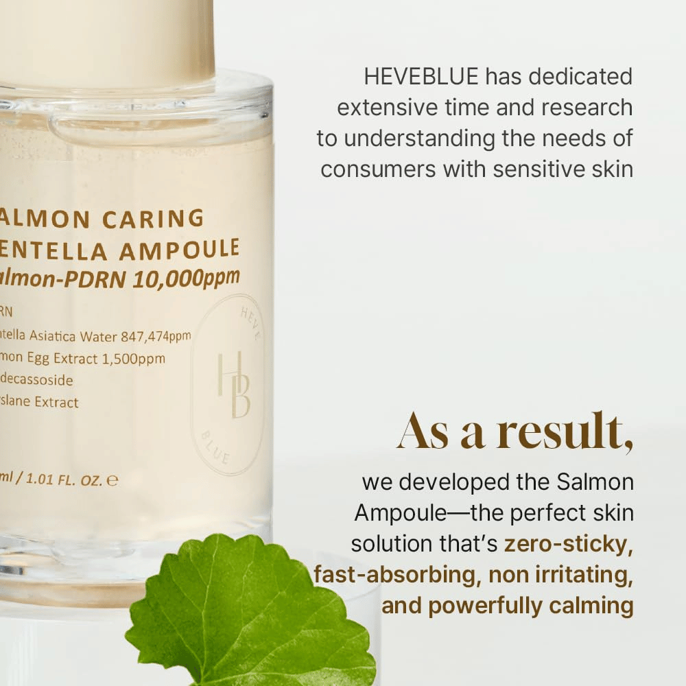 Heveblue Salmon Caring Centella Ampoule – suero de PDRN de rápida absorción con centella para piel sensible, calma la irritación y restaura la barrera cutánea