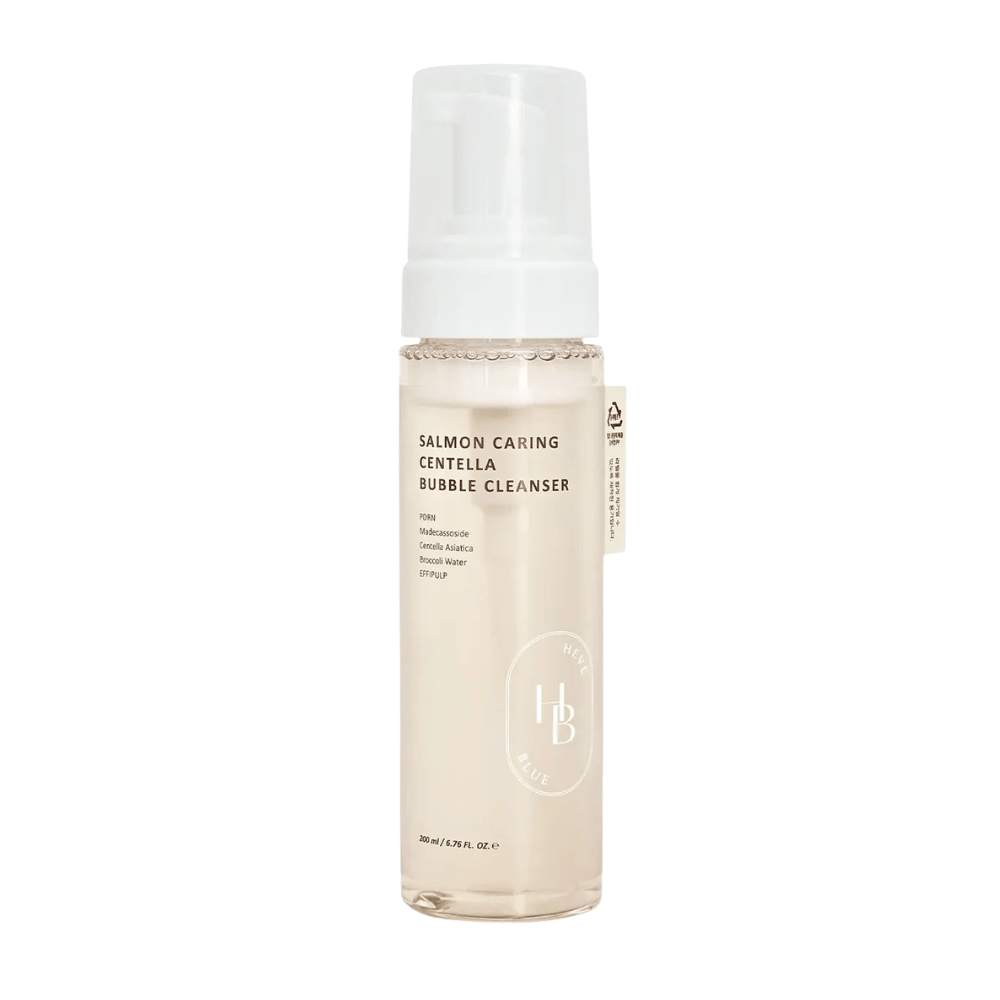 Heveblue Salmon Caring Centella Bubble Cleanser limpiador facial – espuma limpiadora coreana con Centella Asiatica y PDRN que ayuda a limpiar los poros, calmar la piel e hidratar.