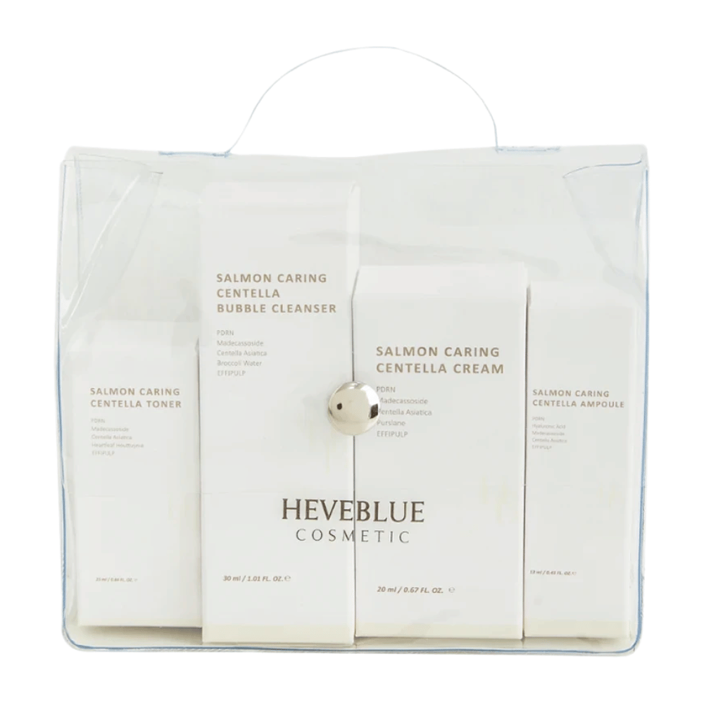 Heveblue Salmon Caring Centella Special Travel Kit set de cuidado de la piel – rutina de cuidado de la piel coreana con tóner, limpiador de burbujas, crema y ampolla con Centella Asiatica y PDRN.