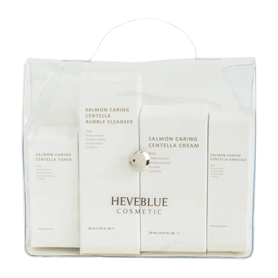 Heveblue Salmon Caring Centella Special Travel Kit set de cuidado de la piel – rutina de cuidado de la piel coreana con tóner, limpiador de burbujas, crema y ampolla con Centella Asiatica y PDRN.