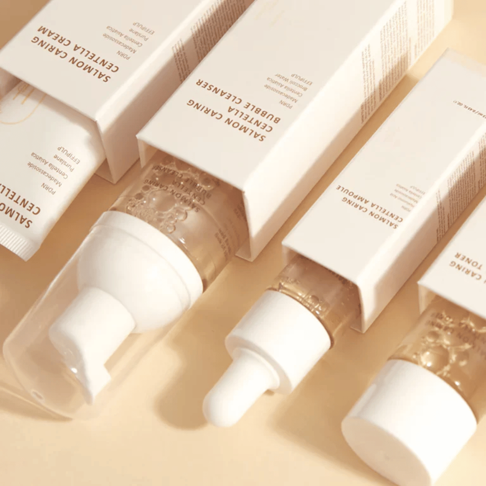 Heveblue Salmon Caring Centella Travel Kit set de cuidado de la piel – productos de cuidado de la piel coreanos con Centella Asiatica y PDRN que ayudan a hidratar, calmar la piel y fortalecer la barrera cutánea.