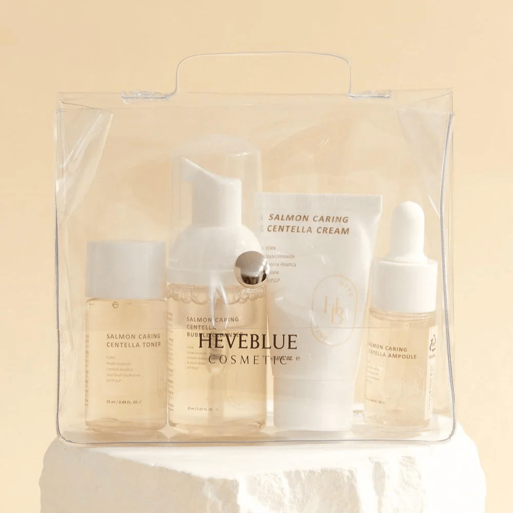 Heveblue Salmon Caring Centella Special Travel Kit – set de cuidado de la piel coreano con tóner, limpiador de burbujas, crema y ampolla con Centella Asiatica y PDRN de salmón en un práctico envase de viaje.