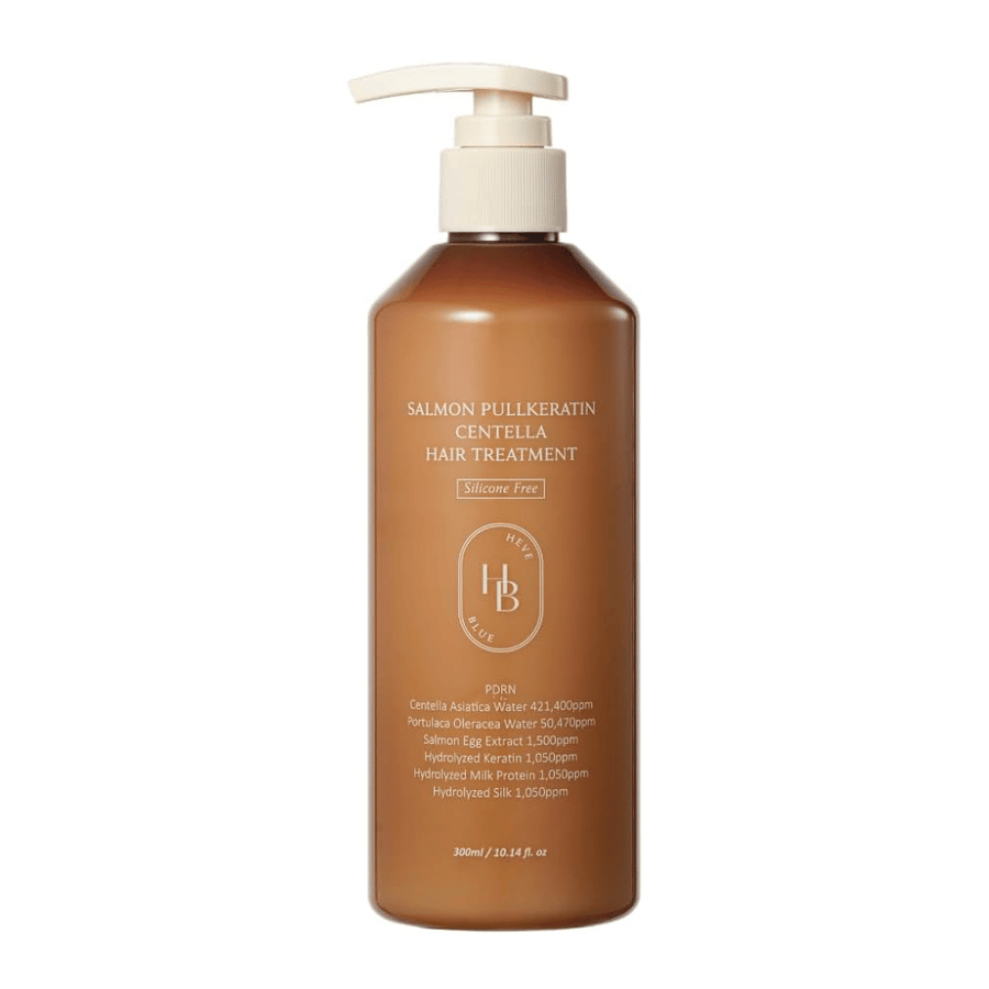 Heveblue Salmon Pullkeratin Centella Hair Treatment en botella dispensadora marrón sobre un fondo claro. Tratamiento capilar con centella, extracto de salmón, queratina, proteína de seda y proteína de leche para el cuidado e hidratación del cabello.