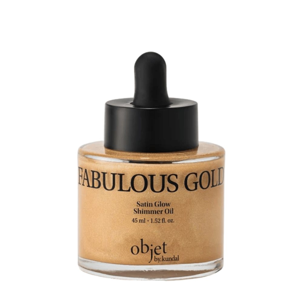 Objet by KUNDAL Satin Glow Shimmer Oil Fabulous Gold 45 ml – aceite corporal dorado con acabado satinado brillante para una luminosidad radiante.