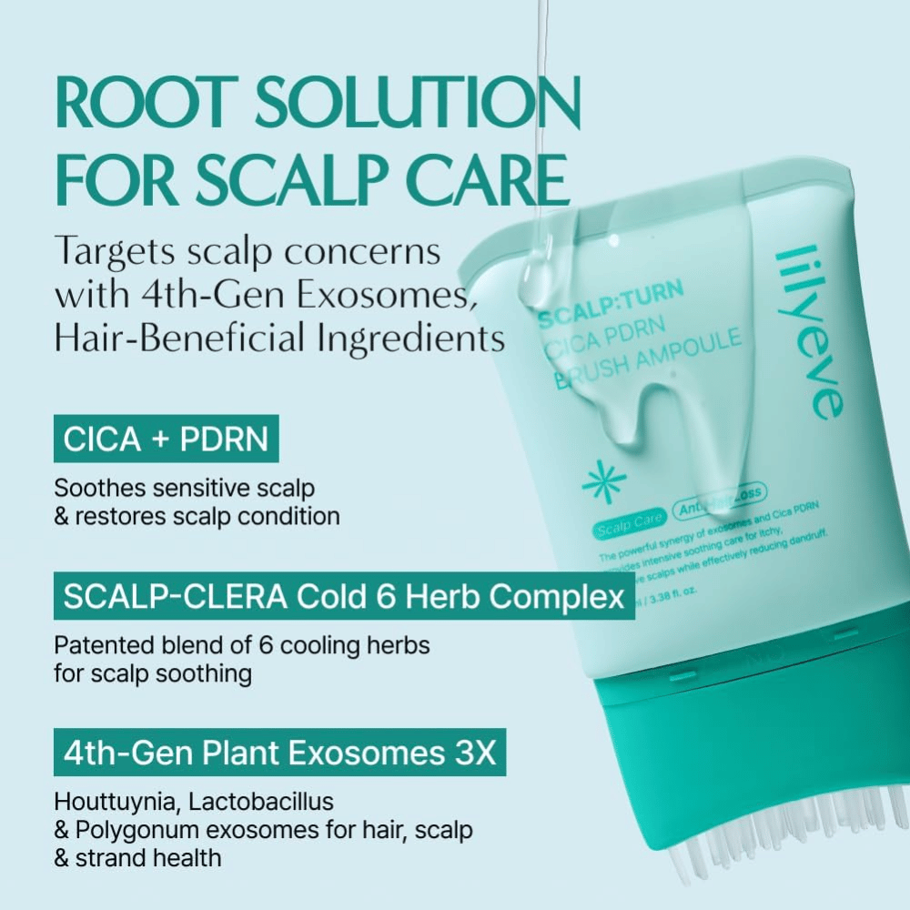 Imagen del producto de LILYEVE Scalp:Turn Cica PDRN Brush Ampoule con descripción de los ingredientes clave. La imagen destaca CICA, PDRN, complejo herbal refrescante y exosomas de origen vegetal que ayudan a calmar y cuidar el cuero cabelludo sensible.