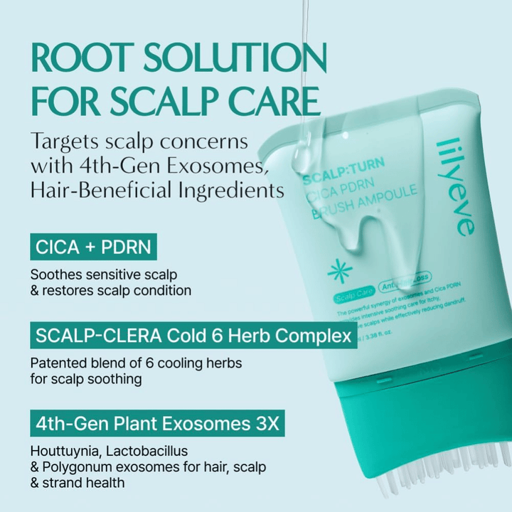 Imagen del producto de LILYEVE Scalp:Turn Cica PDRN Brush Ampoule con descripción de los ingredientes clave. La imagen destaca CICA, PDRN, complejo herbal refrescante y exosomas de origen vegetal que ayudan a calmar y cuidar el cuero cabelludo sensible.