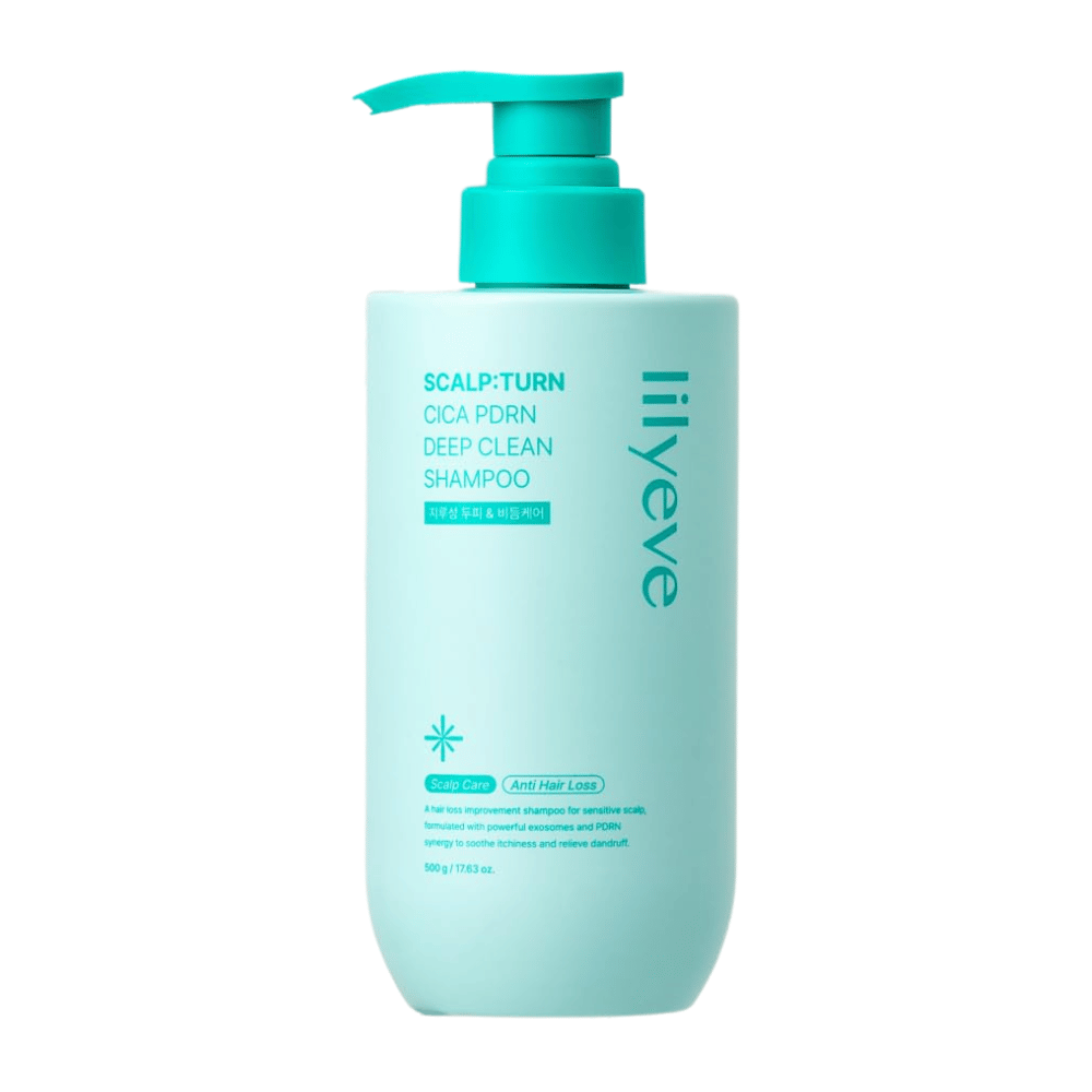LILYEVE Scalp:Turn Cica PDRN Deep Clean Shampoo – champú de limpieza profunda con Cica, PDRN y exosomas que cuidan el cuero cabelludo y contribuyen a un cabello más sano.