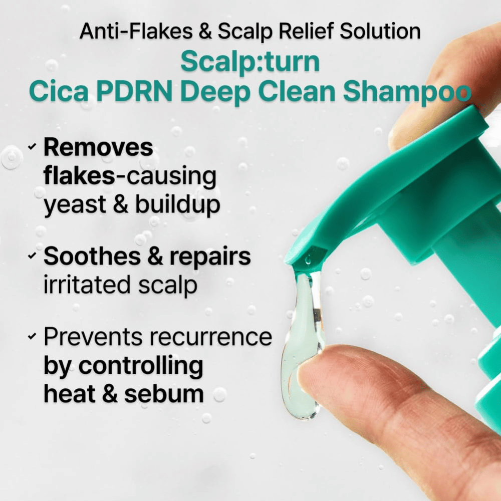 LILYEVE Scalp:Turn Cica PDRN Deep Clean Shampoo elimina la caspa, calma el cuero cabelludo irritado y ayuda a controlar el sebo y los problemas del cuero cabelludo relacionados con el calor.