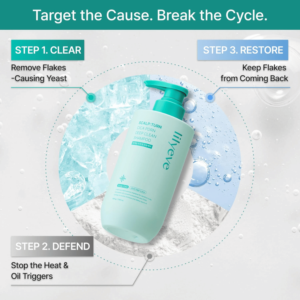 LILYEVE Scalp:Turn Cica PDRN Deep Clean Shampoo limpia el cuero cabelludo, combate la caspa y el exceso de sebo, y ayuda a prevenir molestias recurrentes.