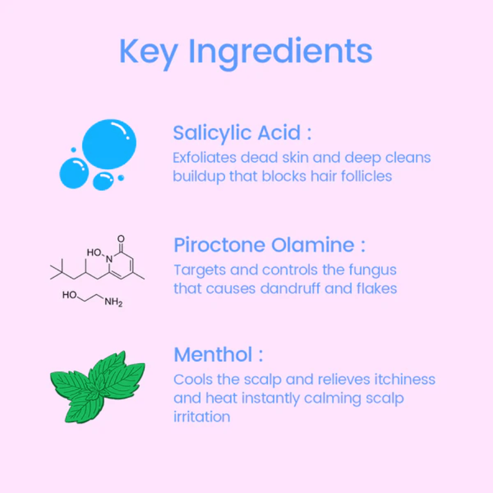 Imagen informativa sobre los ingredientes clave de Scalpy Bubble Tonic, incluyendo ácido salicílico para la exfoliación, piroctona olamina contra la caspa y mentol que refresca y calma el cuero cabelludo.