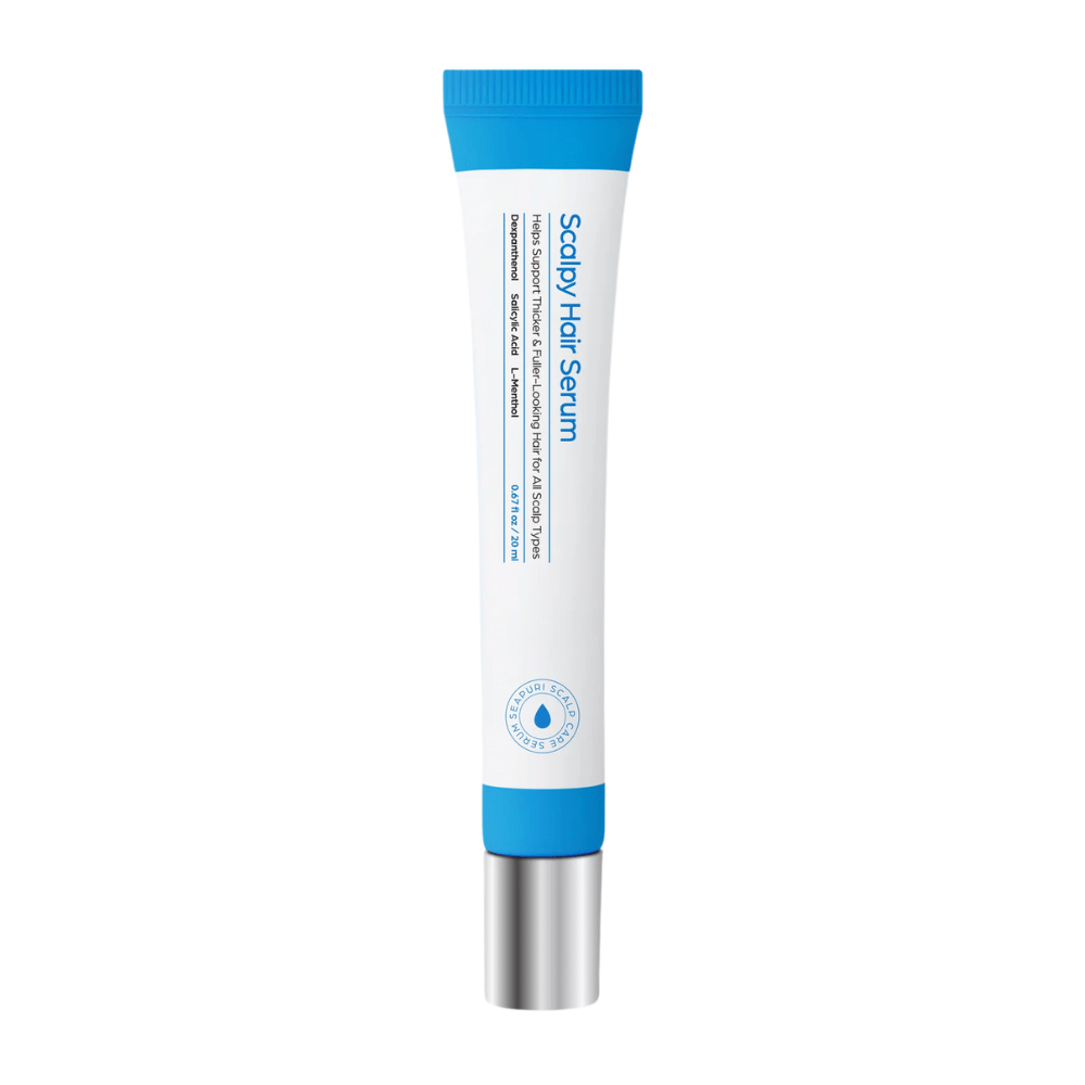 Imagen del producto de Seapuri Scalpy Hair Serum en tubo blanco y azul con tapa de metal. Suero capilar que fortalece las raíces y promueve el crecimiento.