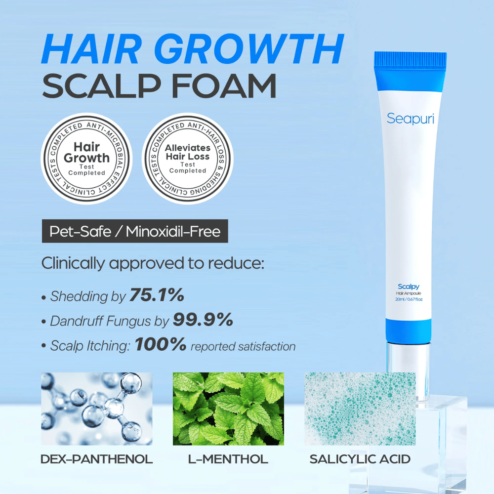 Seapuri Scalpy Hair Serum se muestra con texto que destaca el efecto clínicamente probado: reducción de la caída del cabello y caspa, aumento del crecimiento del cabello y calma del cuero cabelludo.
