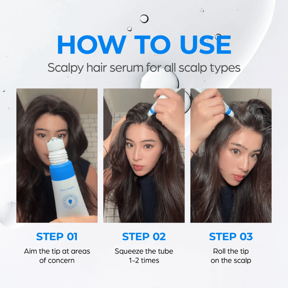 Una mujer aplica Seapuri Scalpy Hair Serum en el cuero cabelludo. La guía paso a paso muestra cómo apuntar, presionar y rodar el aplicador para obtener los mejores resultados.