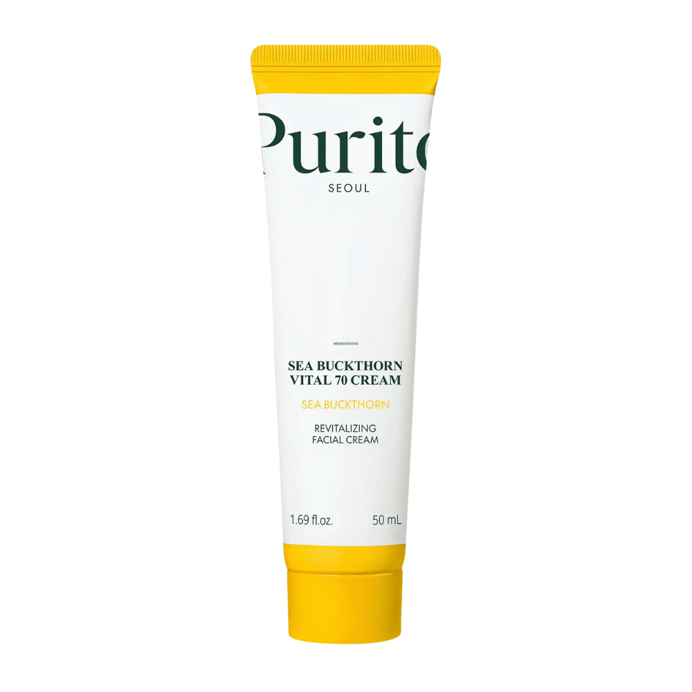 2. Purito SEOUL Sea Buckthorn Vital 70 Cream 50 ml – crema facial hidratante con 70 % de extracto de espino amarillo en tubo blanco con tapón amarillo sobre fondo blanco