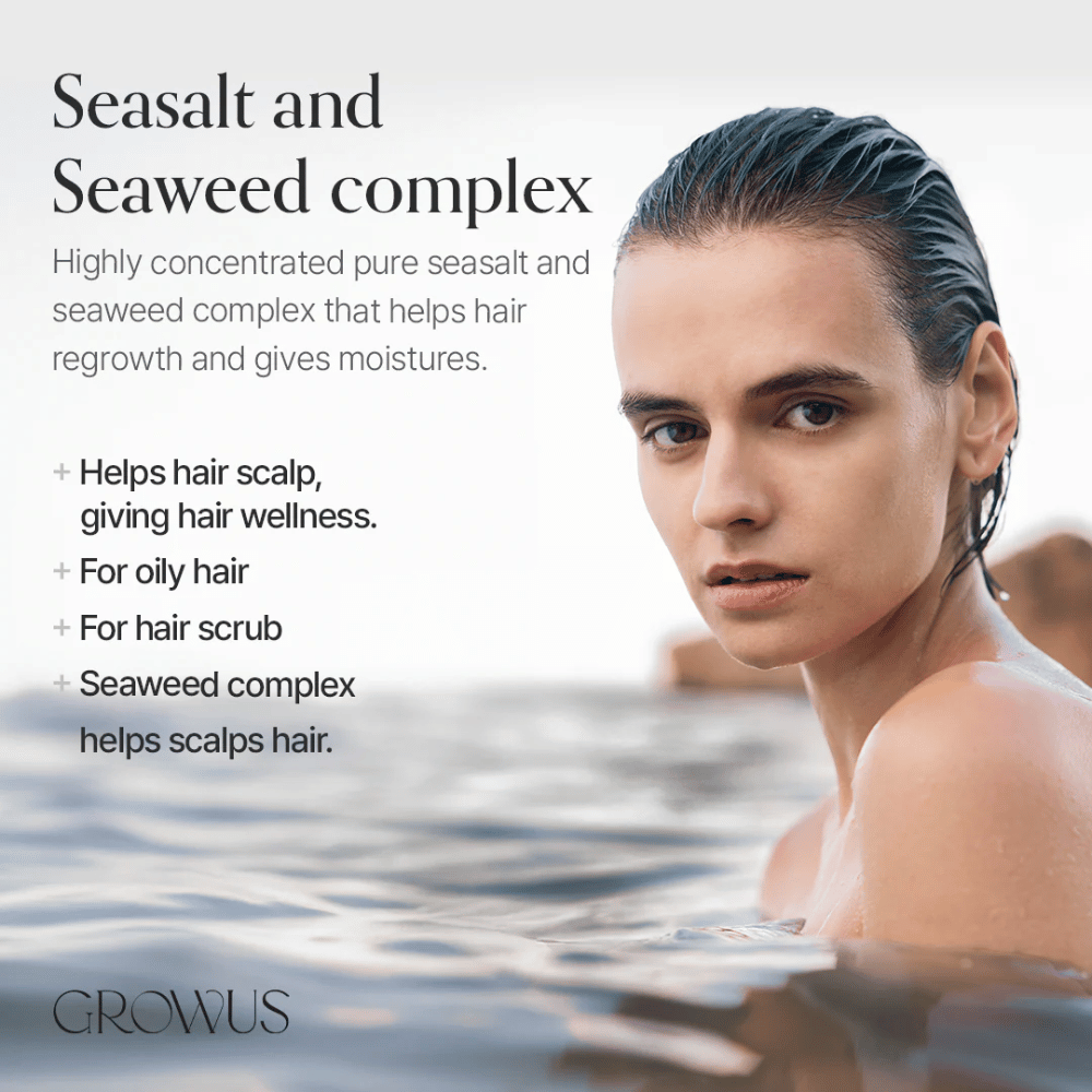 GROWUS Sea Salt Therapy Shampoo con complejo de algas marinas que calma el cuero cabelludo y es adecuado para cabello graso