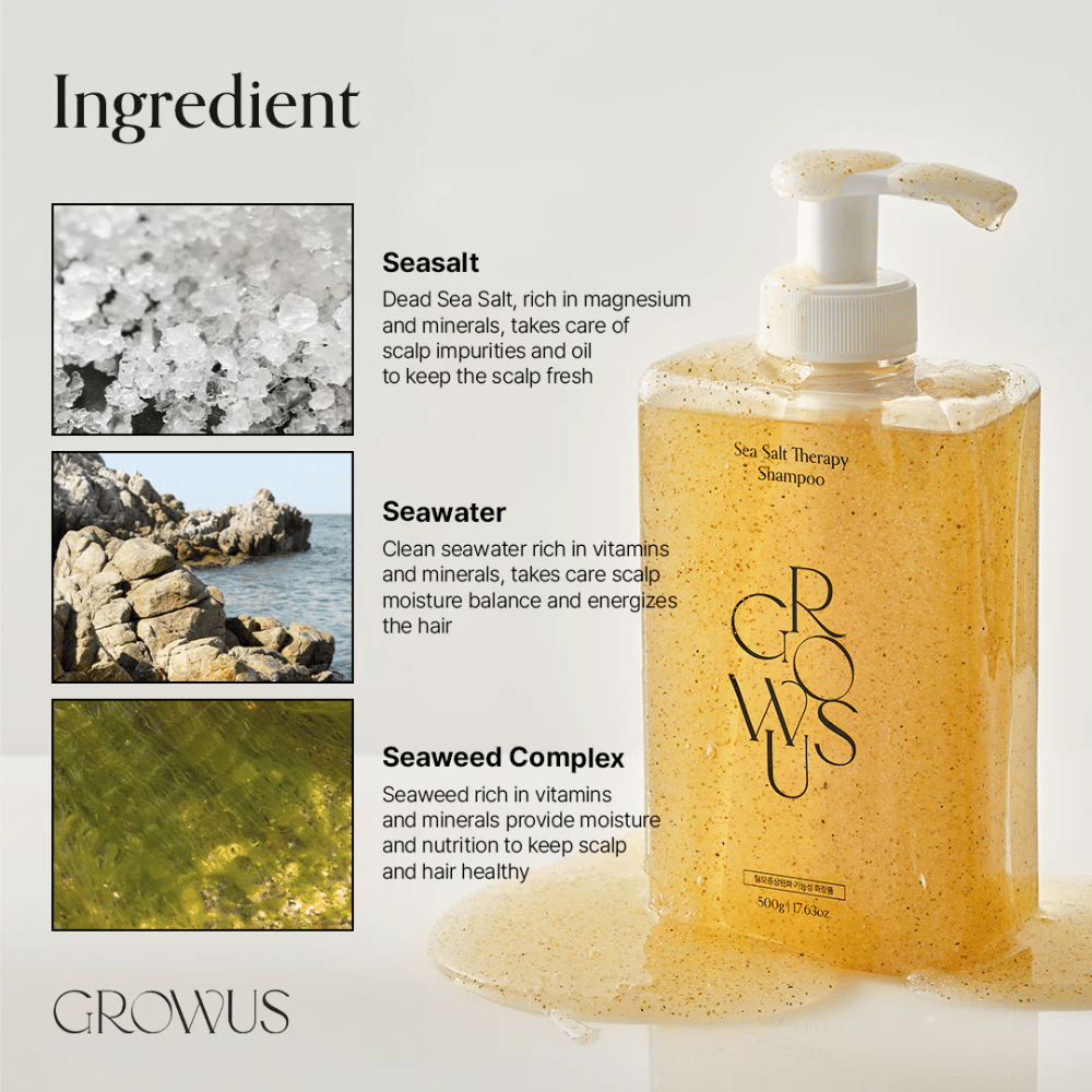 Ingredientes en GROWUS Sea Salt Therapy Shampoo con sal marina, agua de mar y complejo de algas marinas para el cuero cabelludo