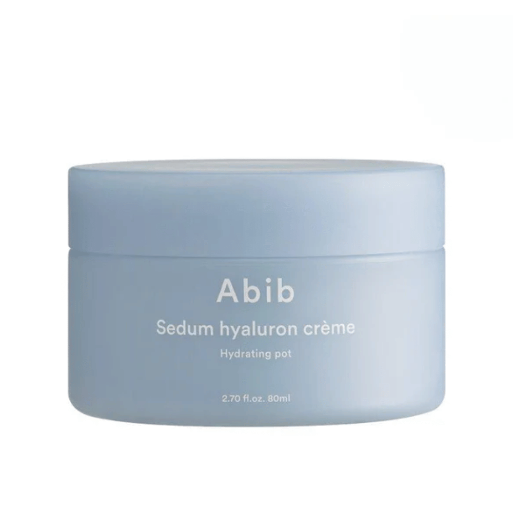 Abib Sedum Hyaluron Crème Hydrating Pot 80 ml en un tarro redondo azul claro con texto blanco.