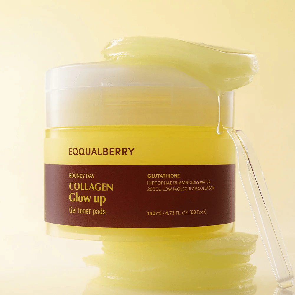 Bouncy Day Collagen Glow up Gel Toner Pads que contiene colágeno de baja masa molecular y glutatión para dar a la piel un brillo saludable y humedad.