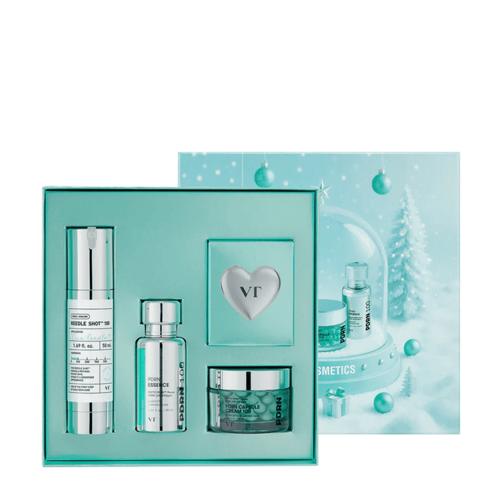 VT Cosmetics Shining Holiday Set – elegante caja de regalo con Reedle Shot 100, PDRN Essence, PDRN Capsule Cream y llavero.