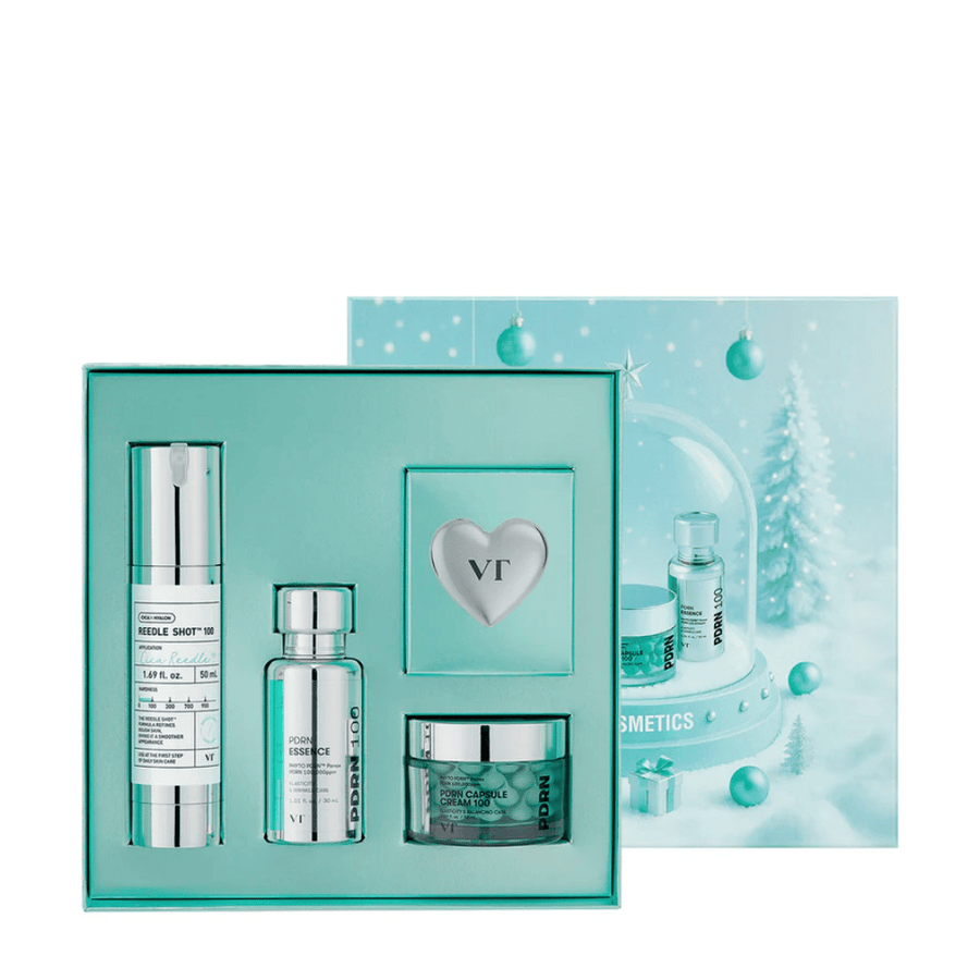 VT Cosmetics Shining Holiday Set – elegante caja de regalo con Reedle Shot 100, PDRN Essence, PDRN Capsule Cream y llavero.