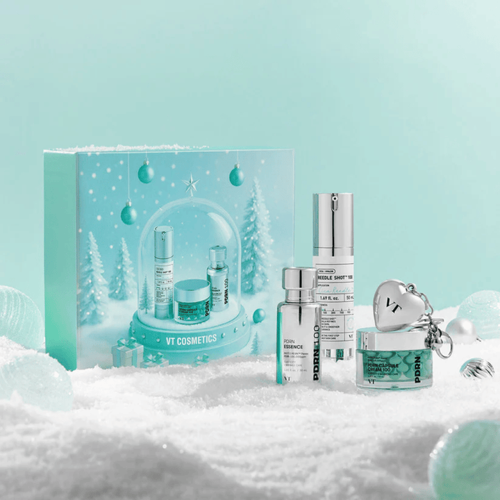 Empaque de regalo de VT Cosmetics con productos de la serie PDRN en diseño de bola de nieve navideña – perfecto como regalo.