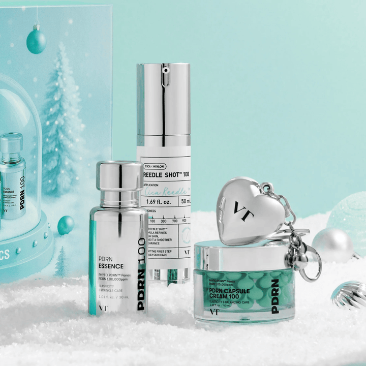 VT Cosmetics Shining Holiday Set – lujoso Kit de cuidado de la piel con PDRN Essence, Reedle Shot 100 y PDRN Capsule Cream en diseño inspirado en el invierno.