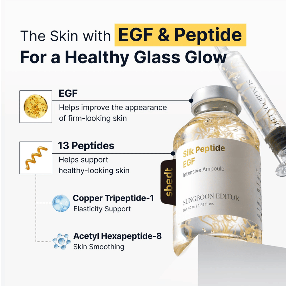 Silk Peptide EGF Intensive Ampoule contiene EGF, 13 péptidos, así como tripéptido de cobre-1 y acetilhexapéptido-8, que juntos ayudan a favorecer la elasticidad de la piel, mejorar su apariencia y aportar un brillo natural.
