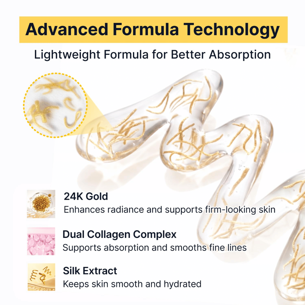 Silk Peptide EGF Intensive Ampoule combina oro de 24K, extracto de seda y un complejo de colágeno dual para aportar luminosidad, hidratación y una sensación de mayor firmeza a la piel, mientras que su fórmula ligera se absorbe rápidamente.
