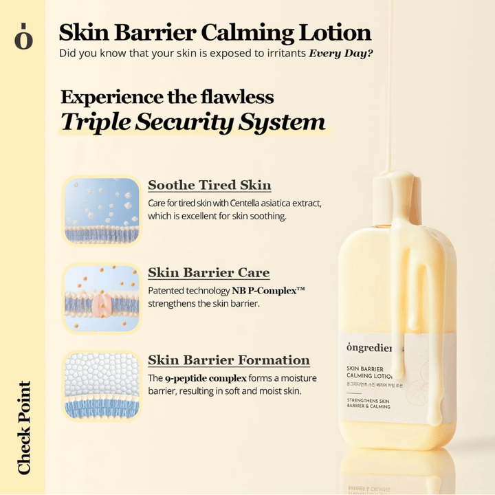 Ongredients Skin Barrier Calming Lotion con Centella Asiática y péptidos que calman la piel, fortalecen la barrera cutánea y proporcionan hidratación duradera.
