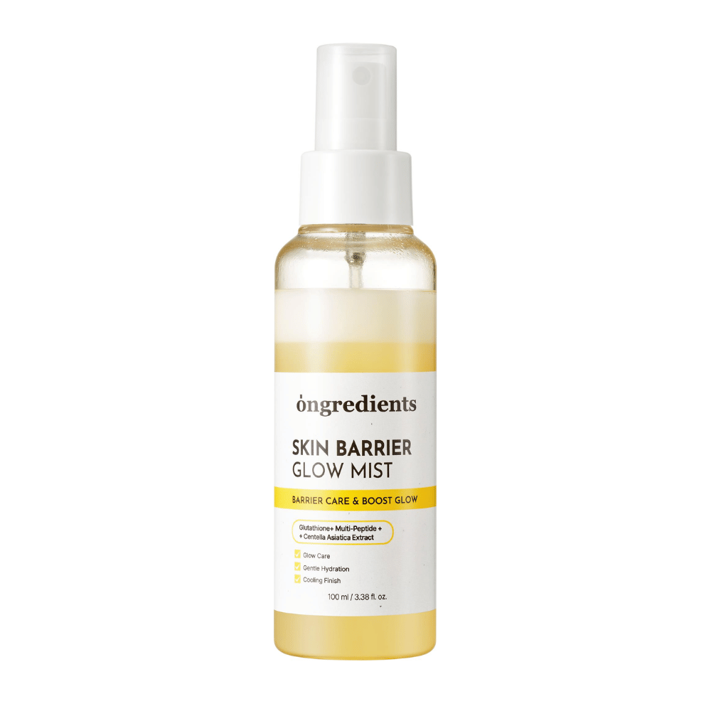 Ongredients Skin Barrier Glow Mist bruma facial con fórmula de doble capa que hidrata la piel, fortalece la barrera cutánea y aporta un brillo natural.