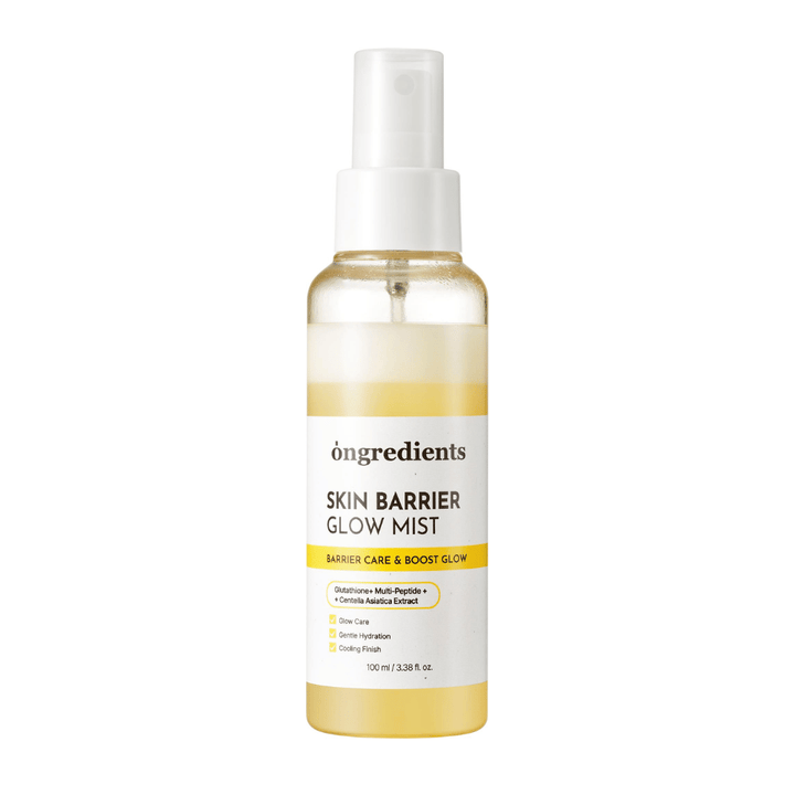 Ongredients Skin Barrier Glow Mist bruma facial con fórmula de doble capa que hidrata la piel, fortalece la barrera cutánea y aporta un brillo natural.