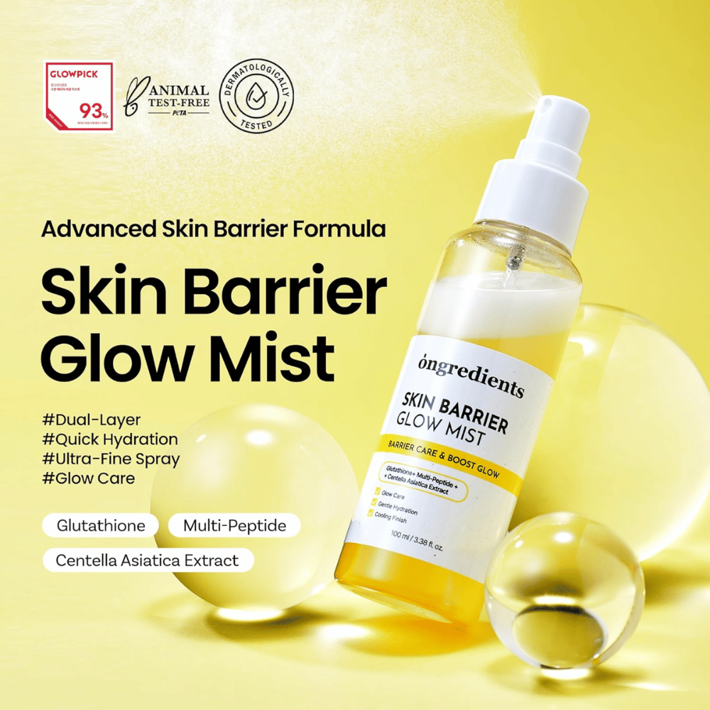 Ongredients Skin Barrier Glow Mist bruma facial de 100 ml con ceramidas, péptidos y Centella Asiatica para hidratación y efecto fortalecedor de la barrera cutánea.